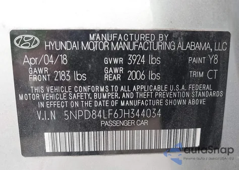 2018 Hyundai Elantra Sel z USA, uszkodzony, nr VIN 5NPD84LF6JH344034